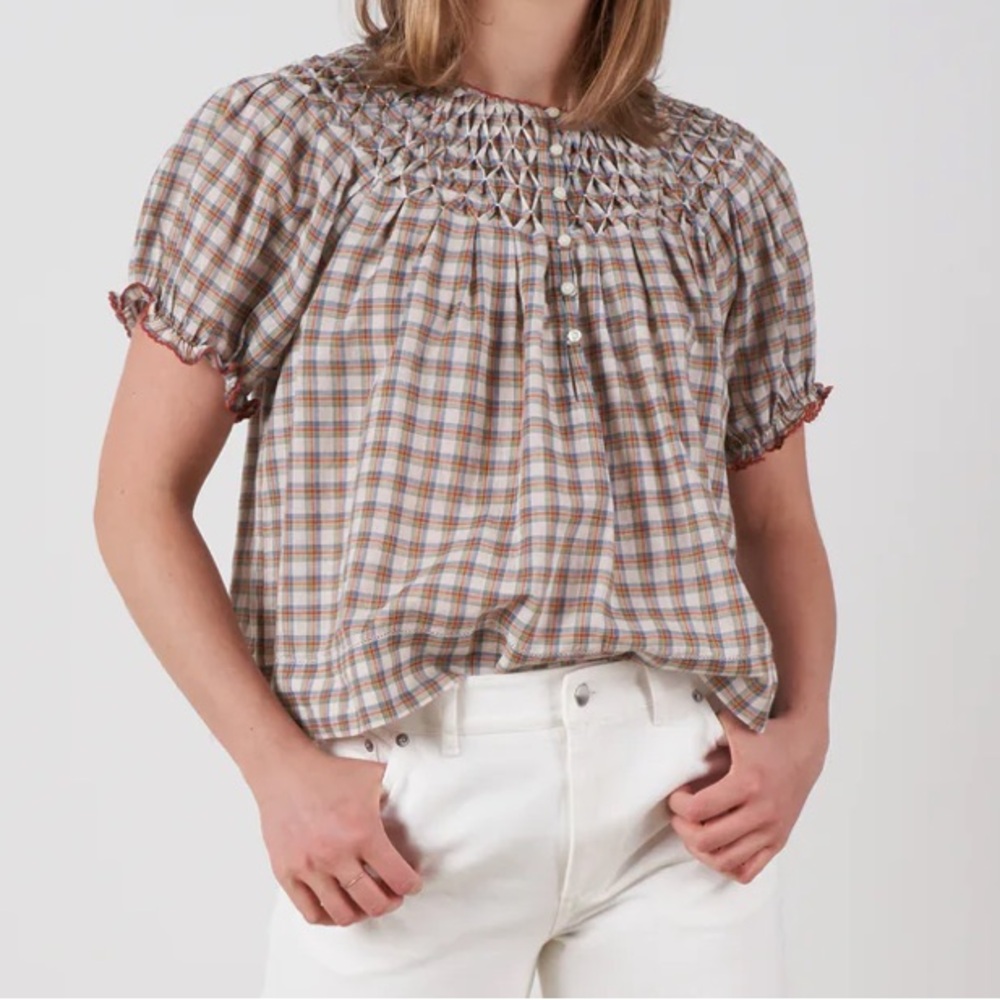 THE GREAT. Brown and Cream Plaid Smocked Short Sleeve Top